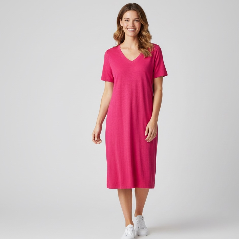 Eileen Fisher V Neck Shirt Dress Hem and Organic Cotton Pink - Picture 12 of 12